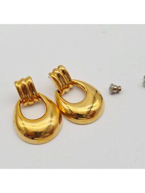 Vintage Napier Gold-Tone Crescent Clip-On Earrings With Ribbed Top Design